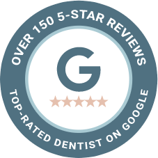Badge saying Over 150 5 star reviews top rated dentist on Google