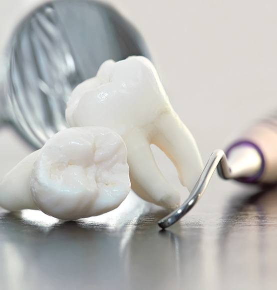 two fake wisdom teeth sitting next to dental instruments